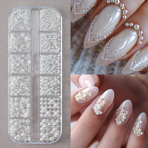 Elegant Round White Pearl Nail Beads and Charms Set for Stunning Nail Art Decoration - 12 Grids of Caviar Beads and Half Round Gems for Fall Season Nails and DIY Nail Designs